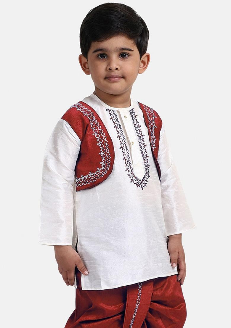 White Embroidered Banarasi Silk Kurta For Boys