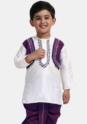 White Embroidered Banarasi Silk Kurta For Boys