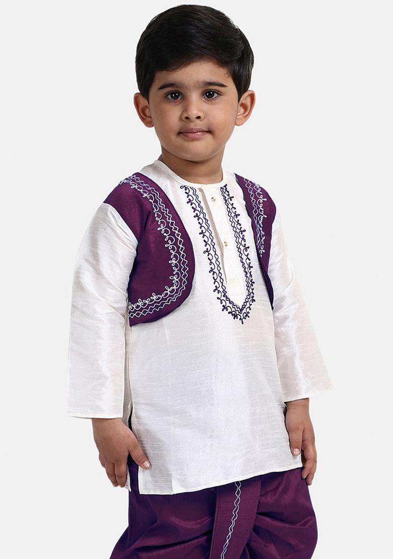 White Embroidered Banarasi Silk Kurta For Boys