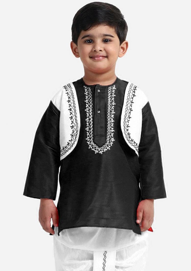 Black Embroidered Banarasi Silk Kurta For Boys