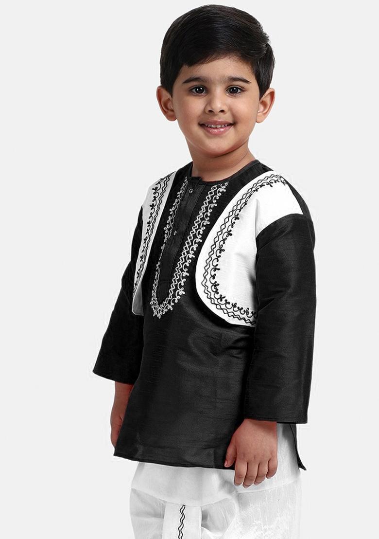 Black Embroidered Banarasi Silk Kurta For Boys