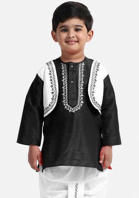 Black Embroidered Banarasi Silk Kurta For Boys