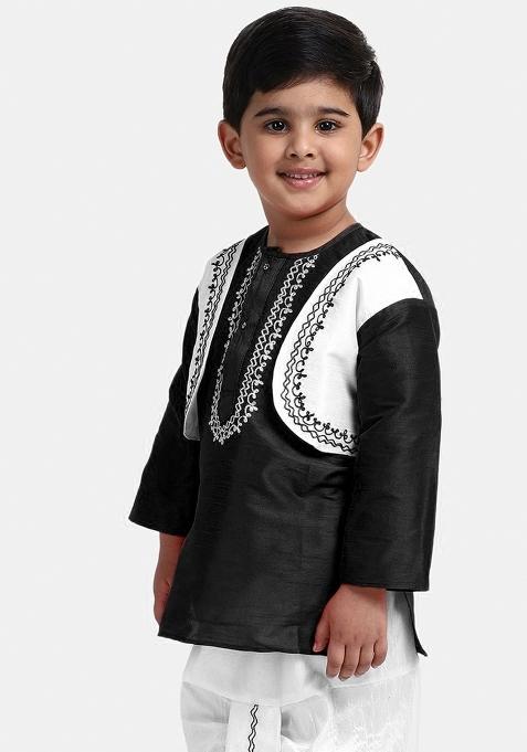 Black Embroidered Banarasi Silk Kurta For Boys