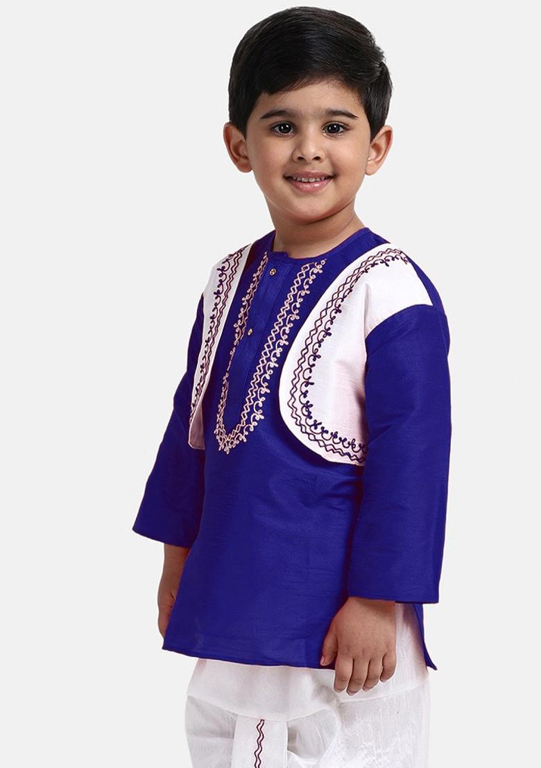 Royal Blue Embroidered Banarasi Silk Kurta For Boys