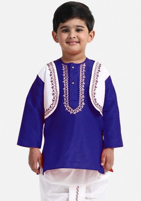 Royal Blue Embroidered Banarasi Silk Kurta For Boys