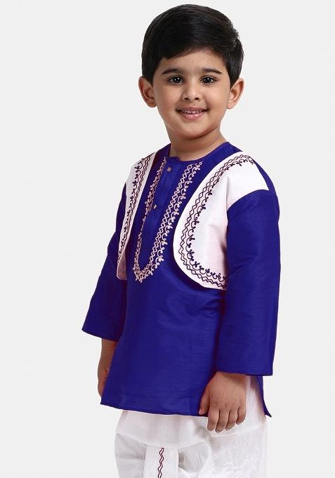 Royal Blue Embroidered Banarasi Silk Kurta For Boys
