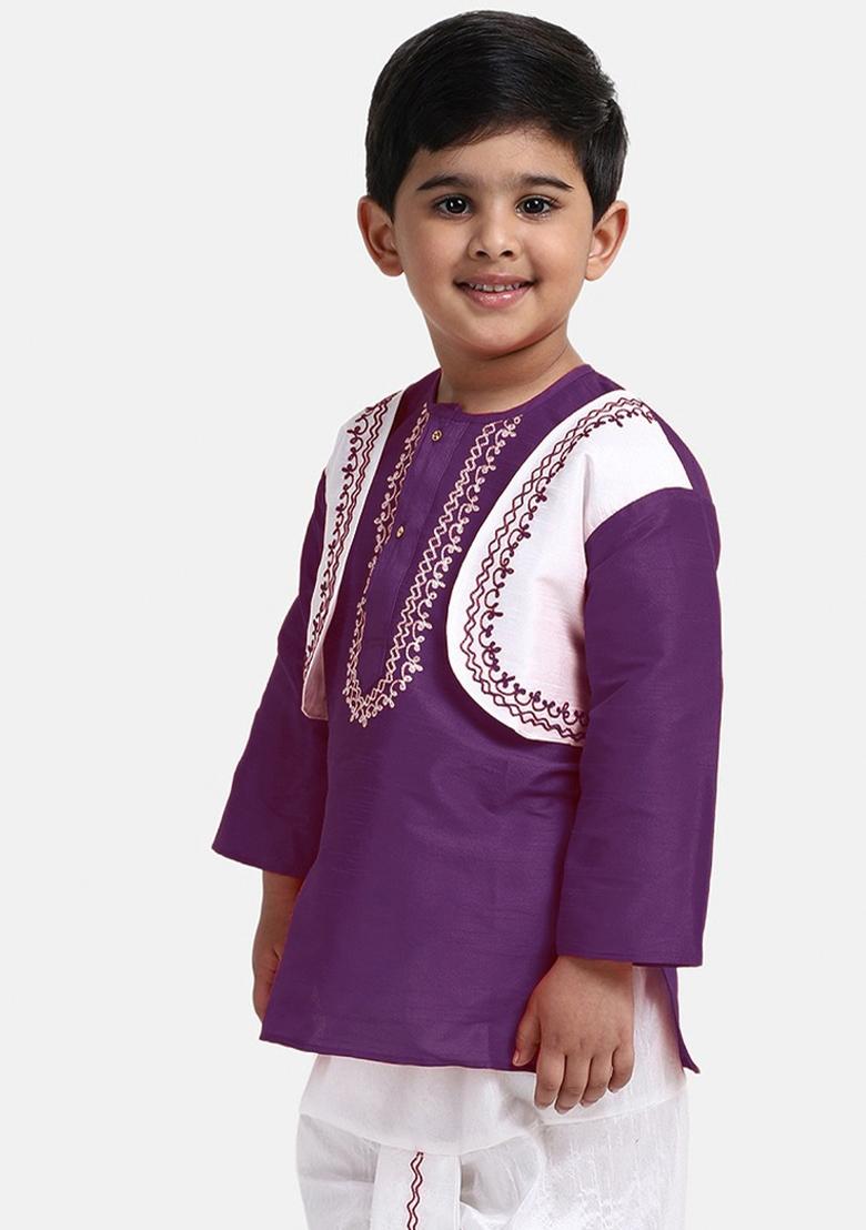 Purple Embroidered Banarasi Silk Kurta For Boys