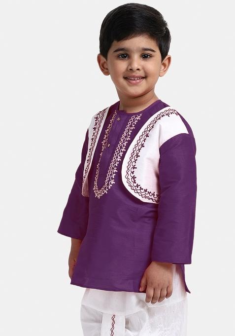 Purple Embroidered Banarasi Silk Kurta For Boys