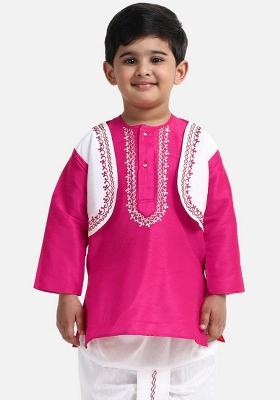 Pink Embroidered Banarasi Silk Kurta For Boys