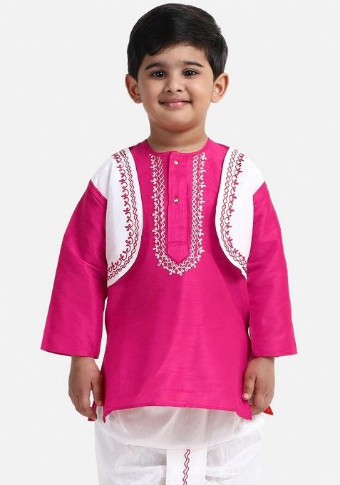 Pink Embroidered Banarasi Silk Kurta For Boys