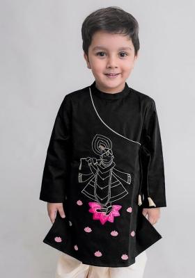 Black Embroidered Banarasi Silk Kurta For Boys