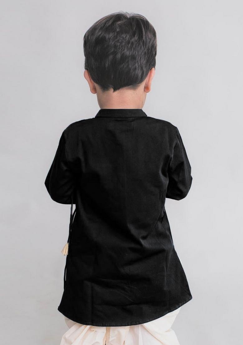 Black Embroidered Banarasi Silk Kurta For Boys