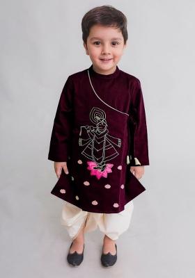 Purple Embroidered Banarasi Silk Kurta For Boys