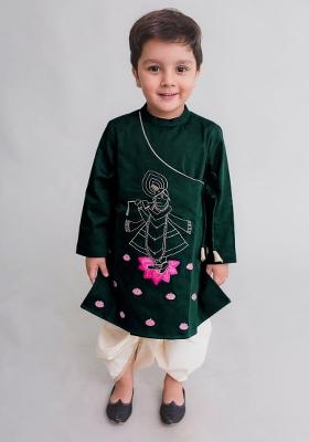 Bottle Green Embroidered Banarasi Silk Kurta For Boys