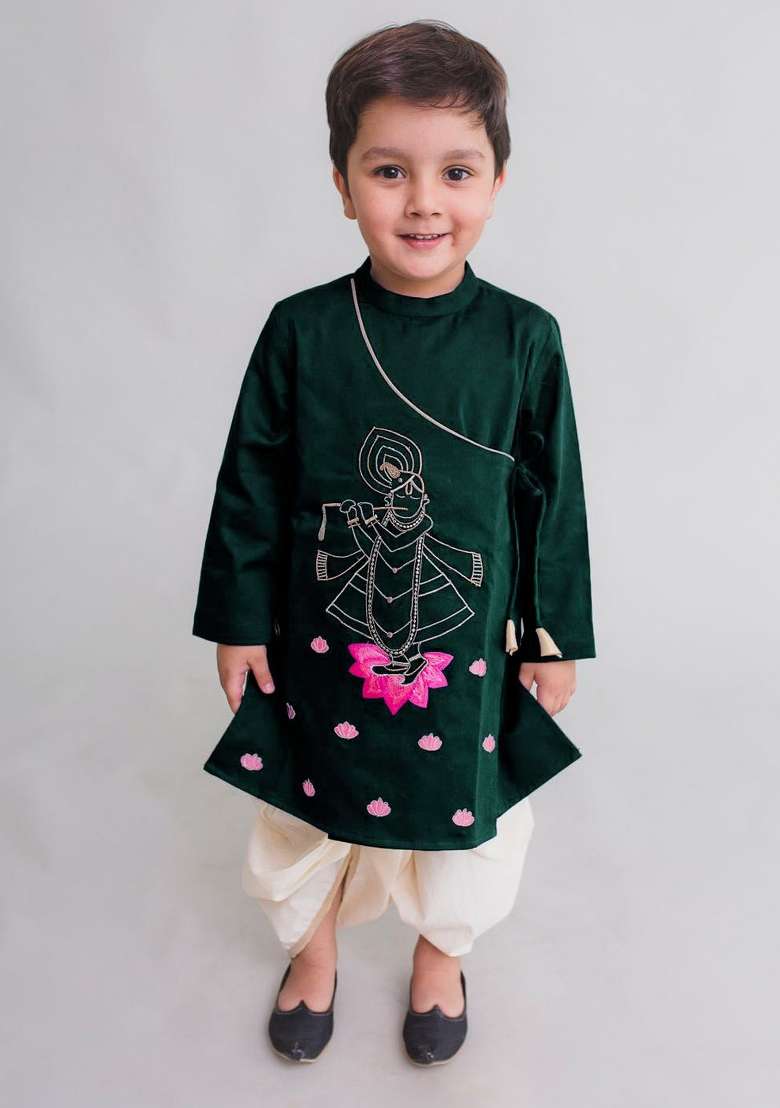 Bottle Green Embroidered Banarasi Silk Kurta For Boys - Indya