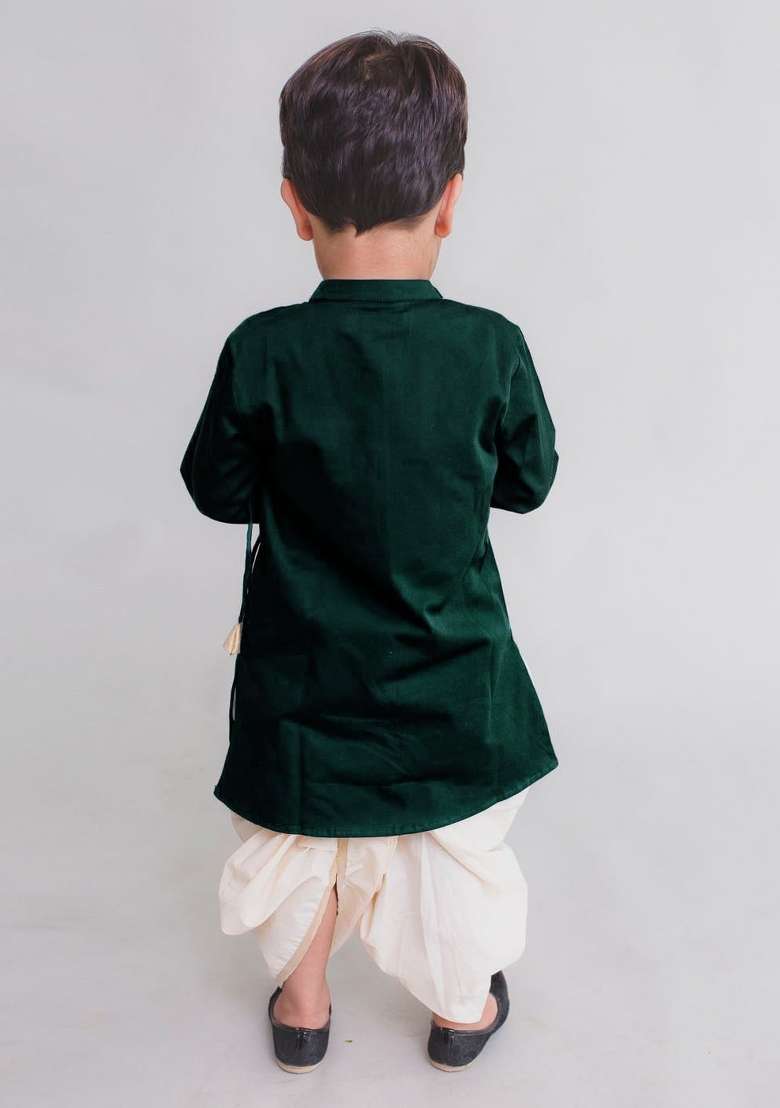 Bottle Green Embroidered Banarasi Silk Kurta For Boys - Indya
