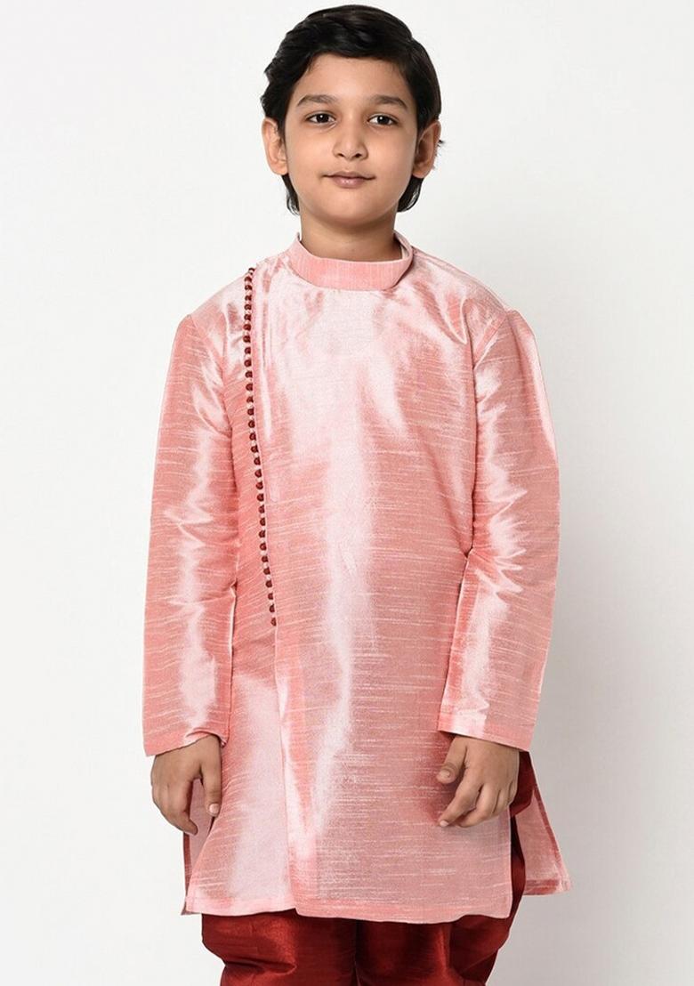 Pink Solid Banarasi Silk Angrakha For Boys