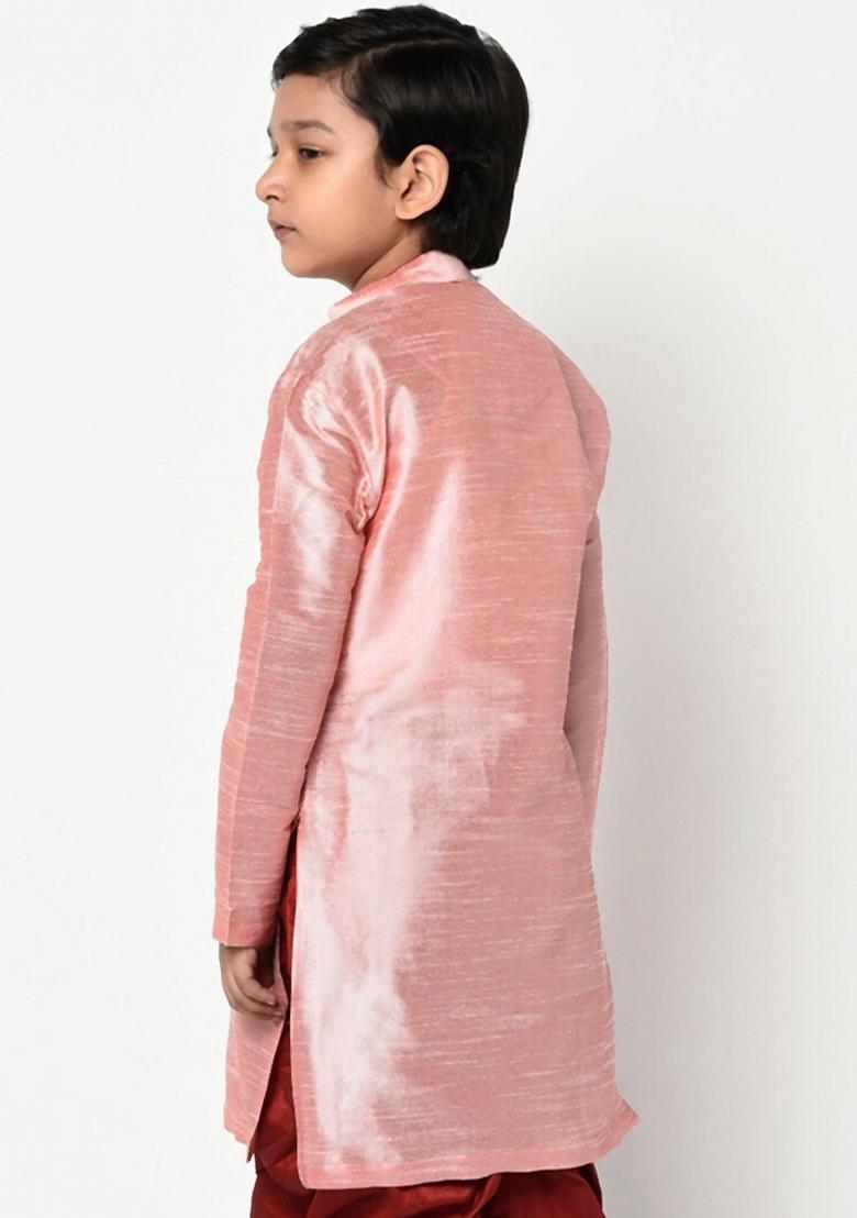 Pink Solid Banarasi Silk Angrakha For Boys
