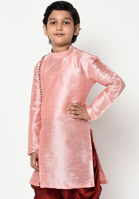 Pink Solid Banarasi Silk Angrakha For Boys