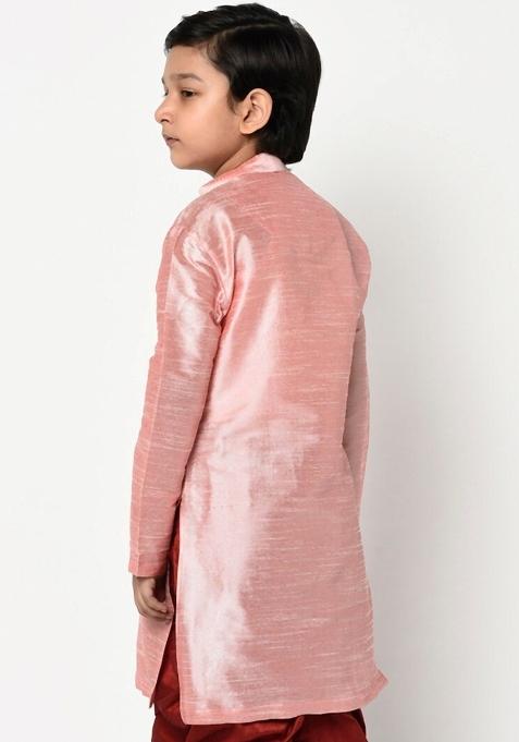 Pink Solid Banarasi Silk Angrakha For Boys