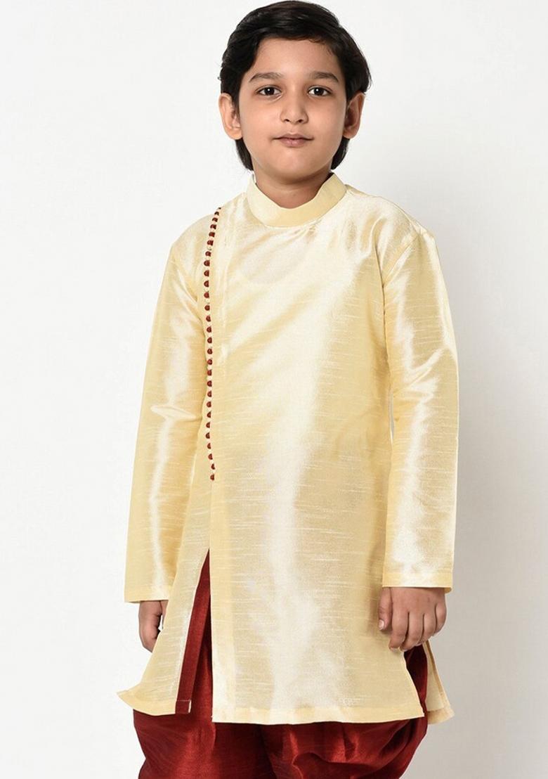 Fawn Brown Solid Banarasi Silk Angrakha For Boys
