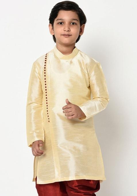 Fawn Brown Solid Banarasi Silk Angrakha For Boys