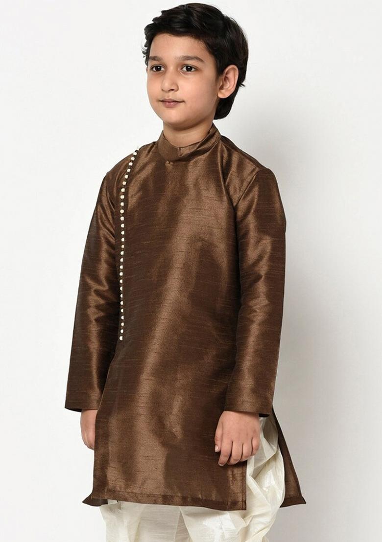 Brown Solid Banarasi Silk Angrakha For Boys