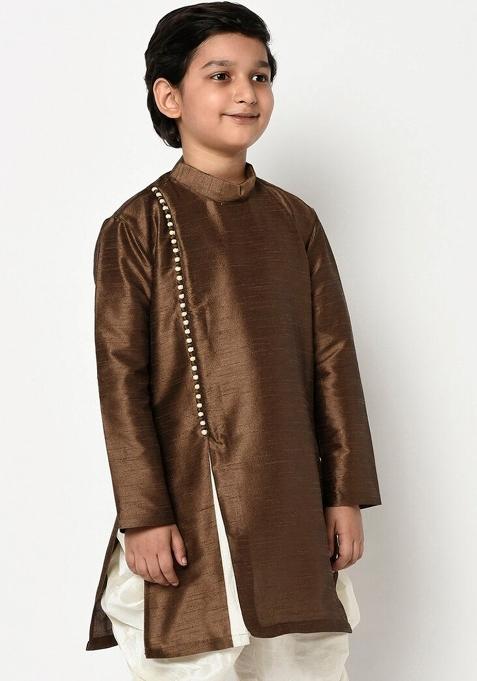 Brown Solid Banarasi Silk Angrakha For Boys