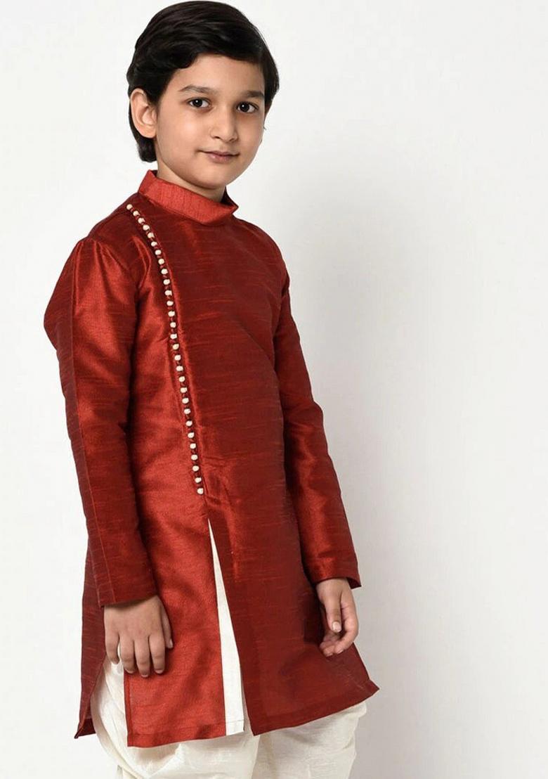 Maroon Solid Banarasi Silk Angrakha For Boys