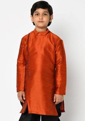 Rust Orange Solid Banarasi Silk Angrakha For Boys