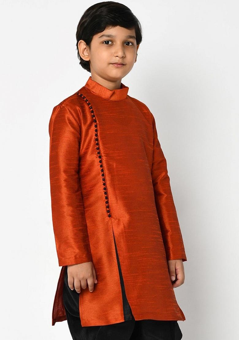 Rust Orange Solid Banarasi Silk Angrakha For Boys