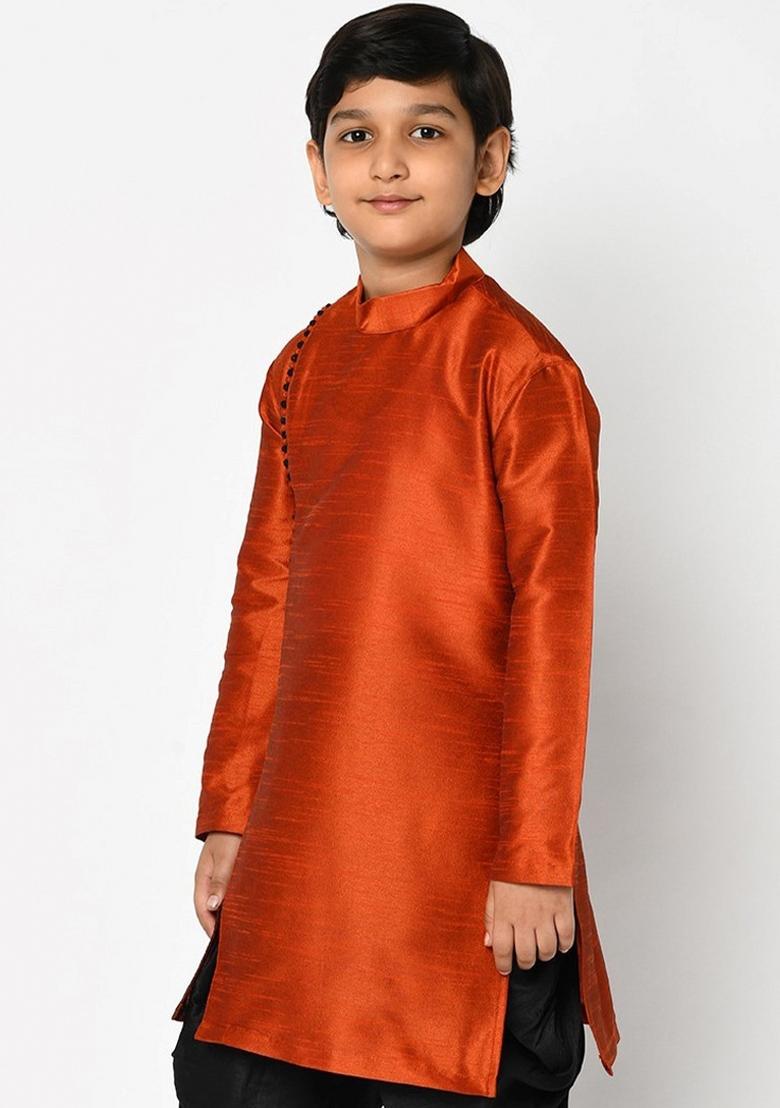 Rust Orange Solid Banarasi Silk Angrakha For Boys