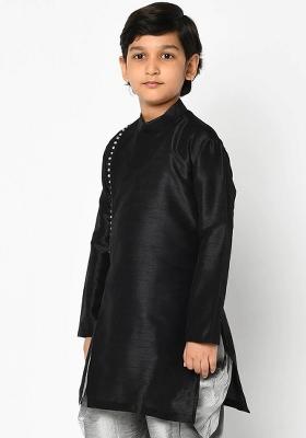 Black Solid Banarasi Silk Angrakha For Boys