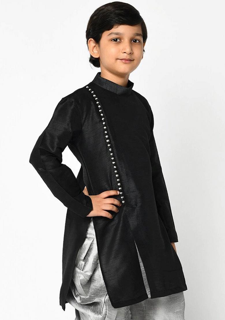 Black Solid Banarasi Silk Angrakha For Boys