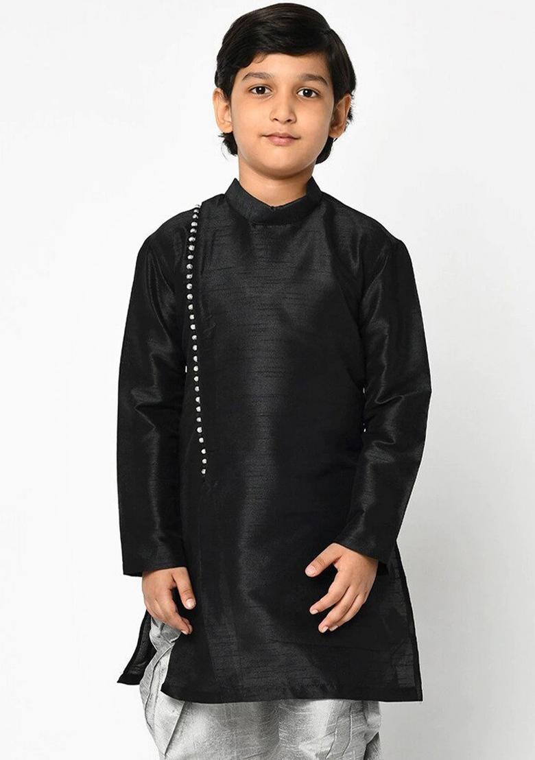 Black Solid Banarasi Silk Angrakha For Boys