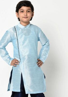 Light Blue Solid Banarasi Silk Angrakha For Boys