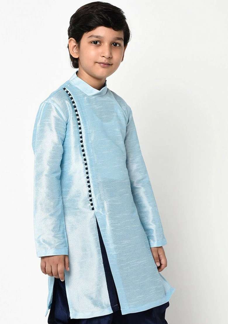 Light Blue Solid Banarasi Silk Angrakha For Boys - Indya