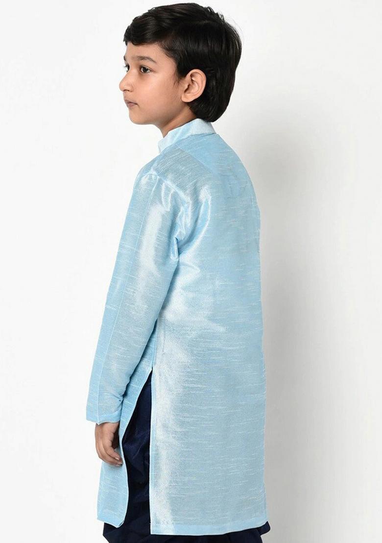 Light Blue Solid Banarasi Silk Angrakha For Boys