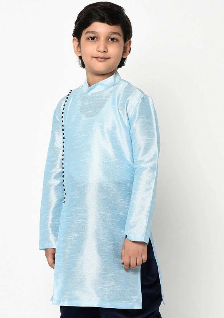 Light Blue Solid Banarasi Silk Angrakha For Boys - Indya