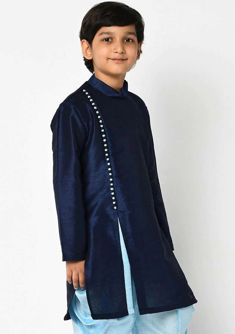 Navy Blue Solid Banarasi Silk Angrakha For Boys - Indya