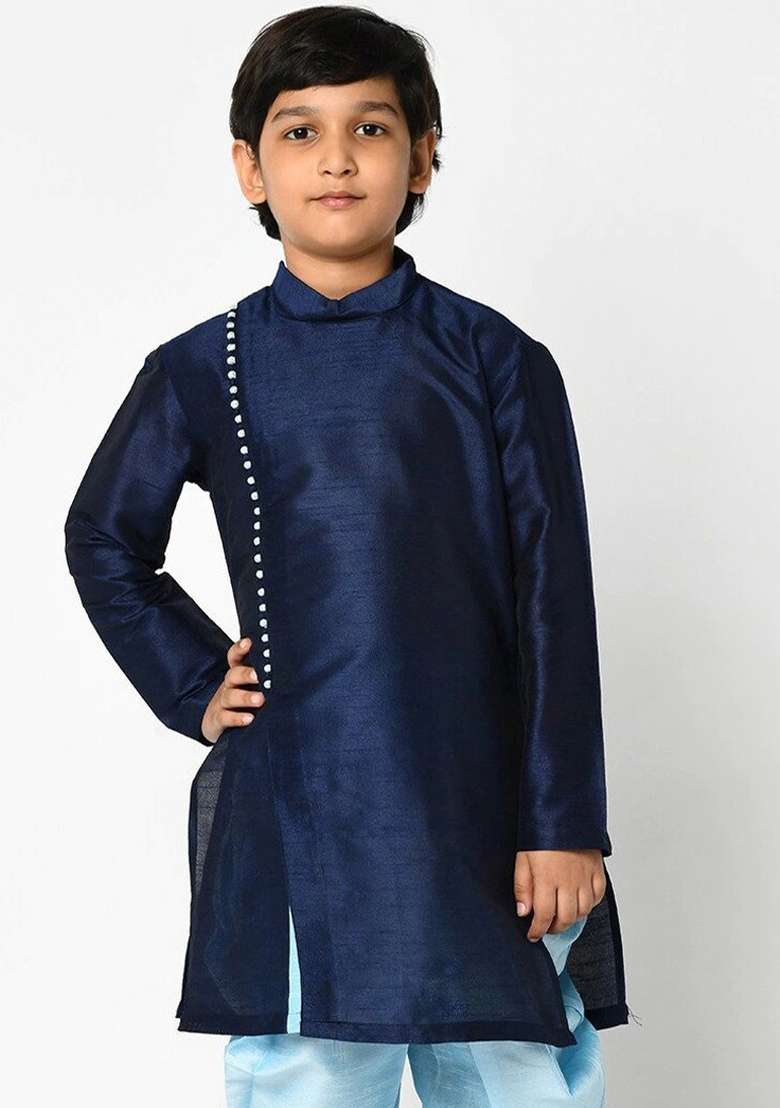 Navy Blue Solid Banarasi Silk Angrakha For Boys - Indya