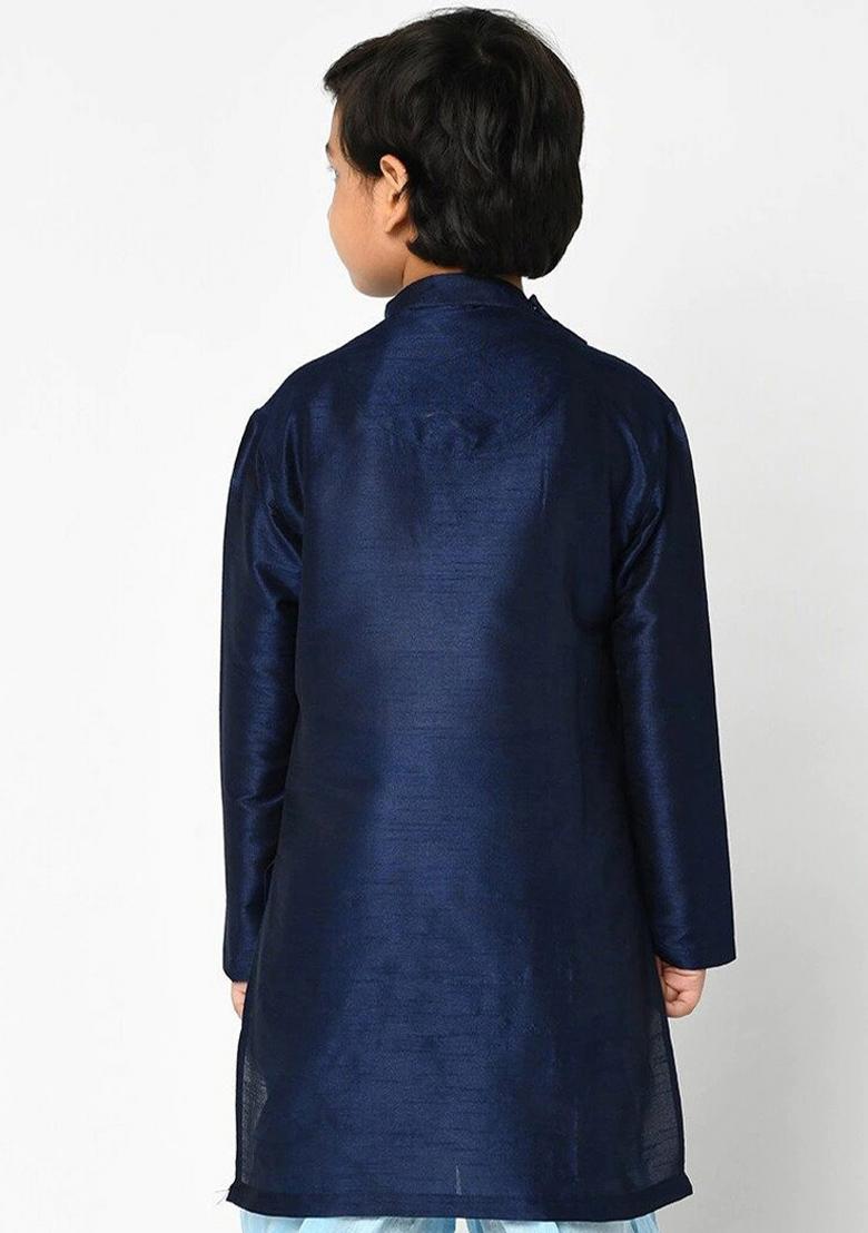 Navy Blue Solid Banarasi Silk Angrakha For Boys