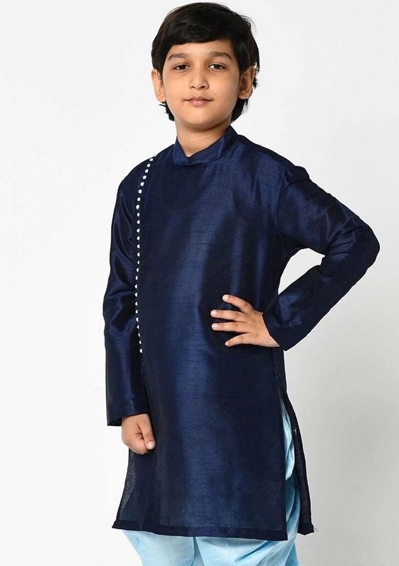 Navy Blue Solid Banarasi Silk Angrakha For Boys - Indya
