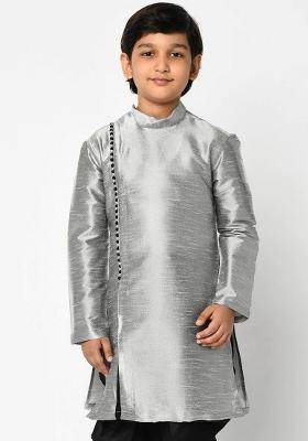 Grey Solid Banarasi Silk Angrakha For Boys