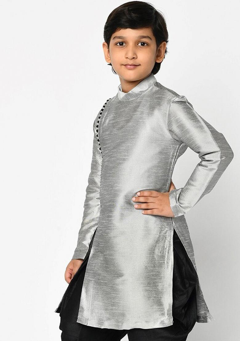 Grey Solid Banarasi Silk Angrakha For Boys