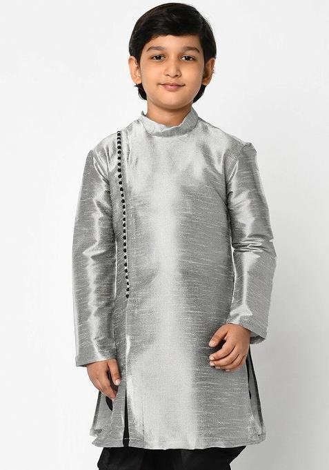 Grey Solid Banarasi Silk Angrakha For Boys