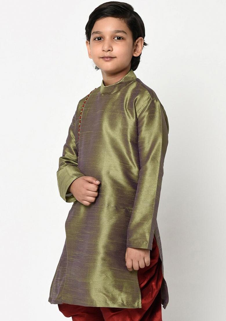 Mehandi Green Solid Banarasi Silk Angrakha For Boys
