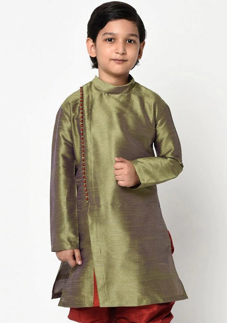 Mehandi Green Solid Banarasi Silk Angrakha For Boys