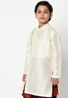 Cream Solid Banarasi Silk Angrakha For Boys