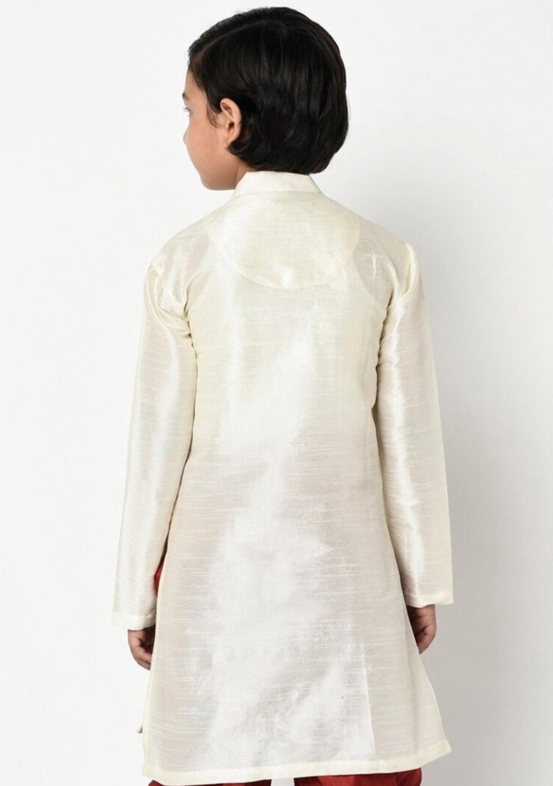 Cream Solid Banarasi Silk Angrakha For Boys